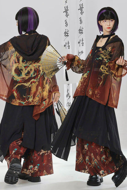 Gold Dragon Embroidered Choker Top (with Cups) + Chinese-Style Wide-Leg Pants