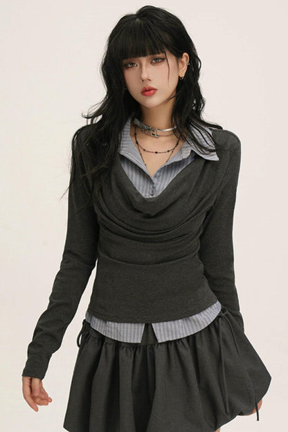 ドレープカウルネックレイヤードシャツ