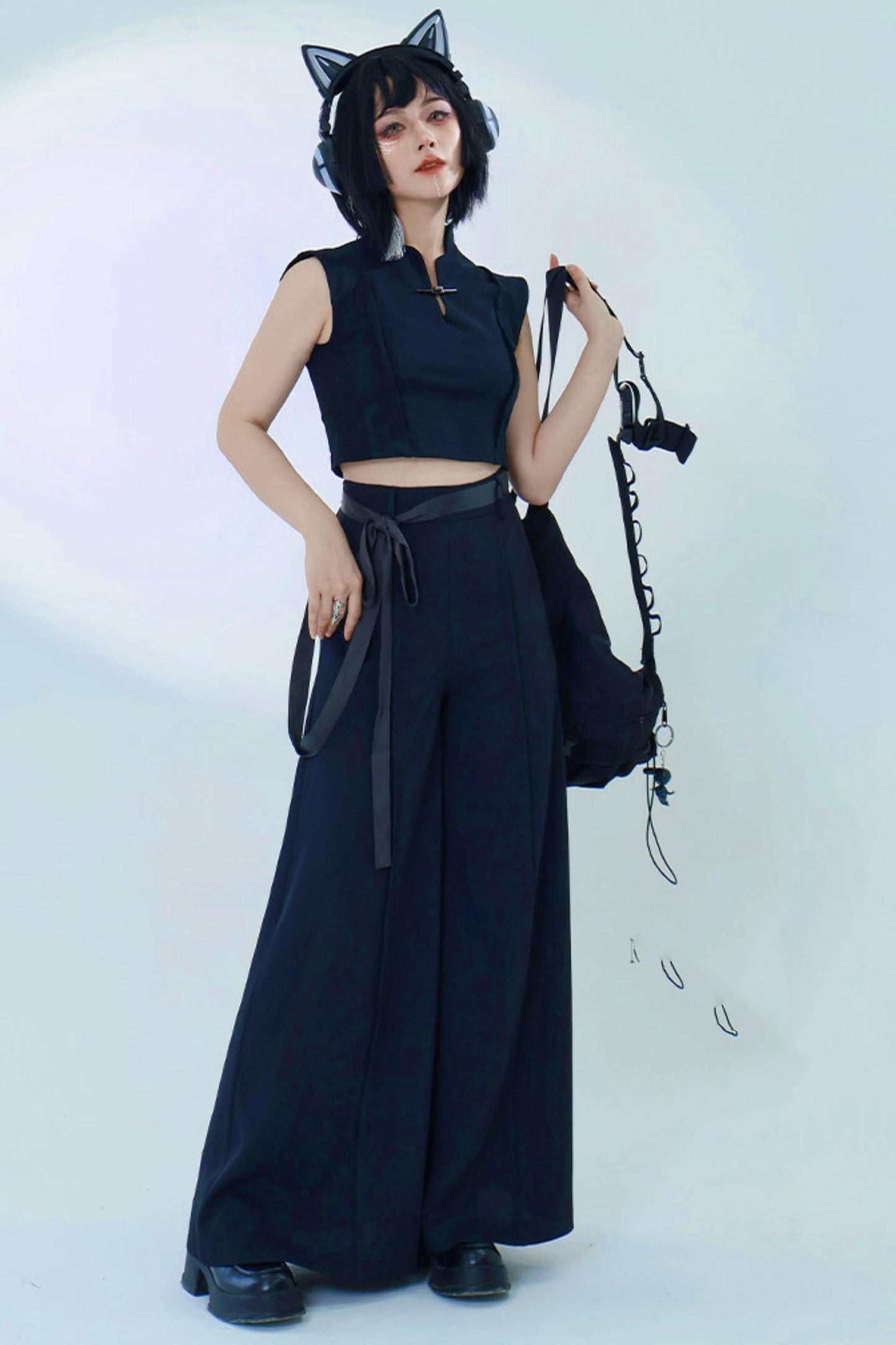 [Pre-order] Black/Beige/Gray Cyber Chinese-Style Wide-Leg Pants