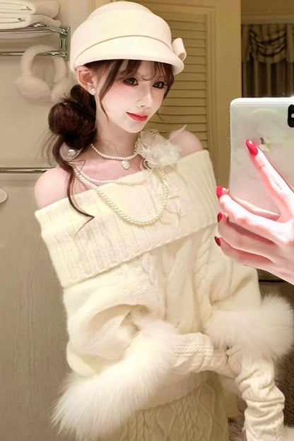 Fox Fur Trim Cape Sweater + Twisted Knit Bodycon Skirt