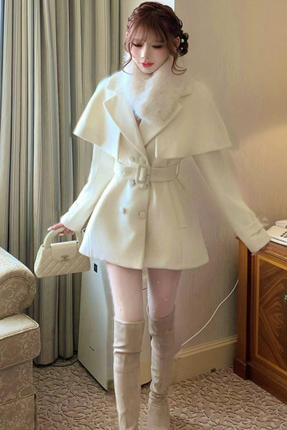 Celebrity Fur Collar Cape Coat