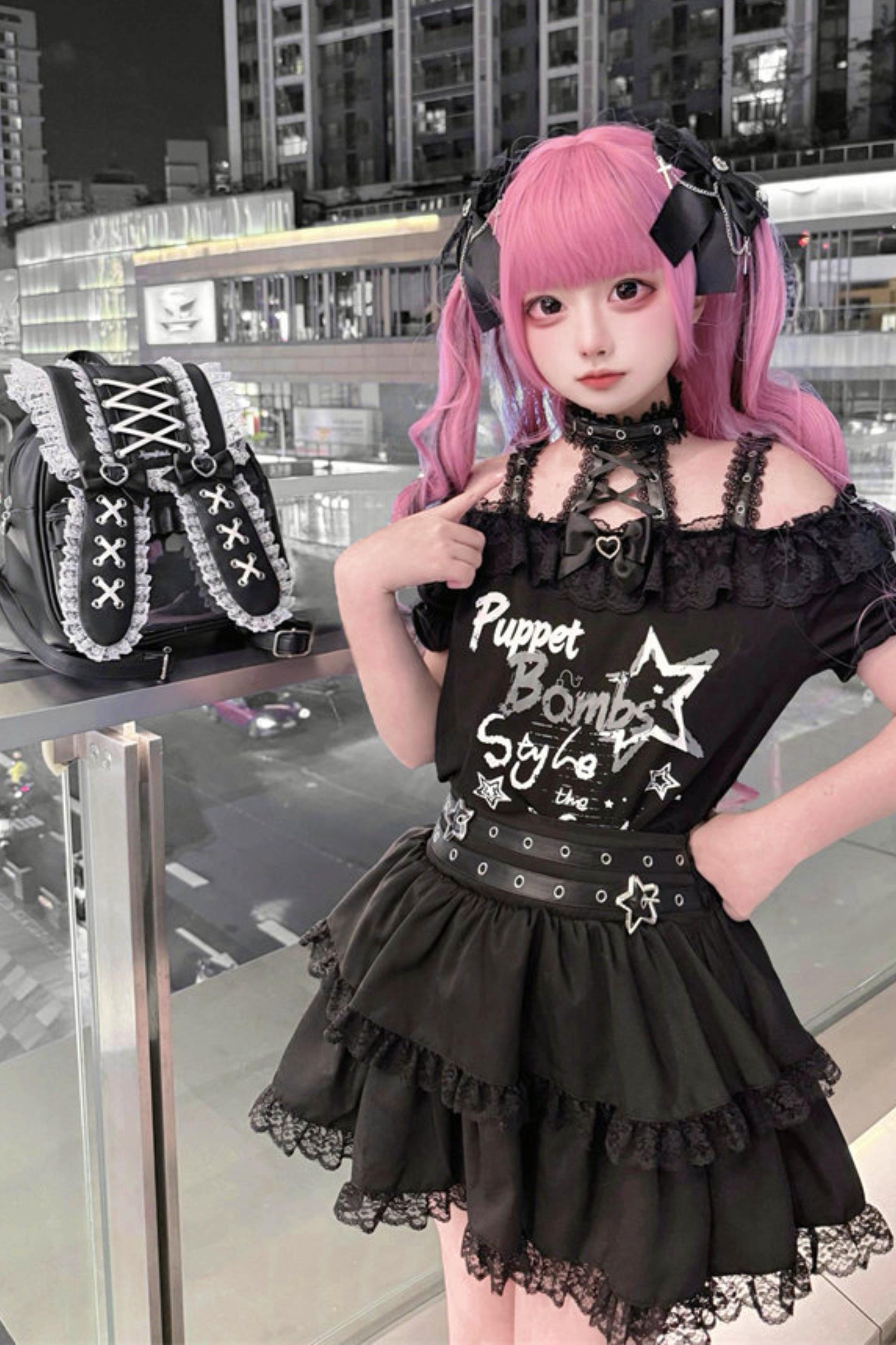 レースアップ地雷Tシャツ+スカート+バッグ+ヘアアクセ – Belchic