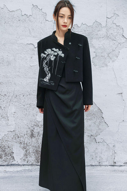 ブラックエンブロイダードウールンコート