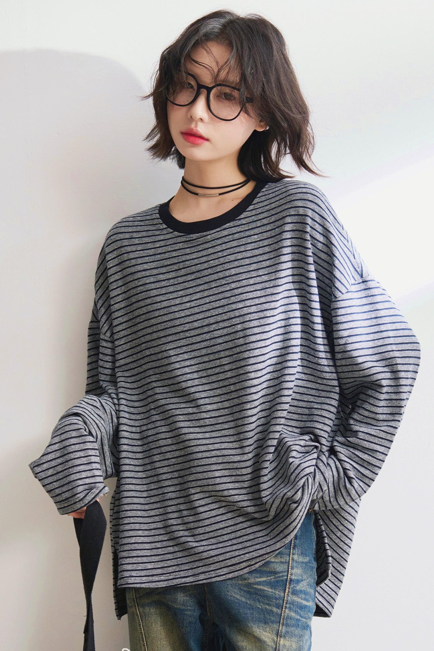 リラックスストライプクルーネックTシャツ