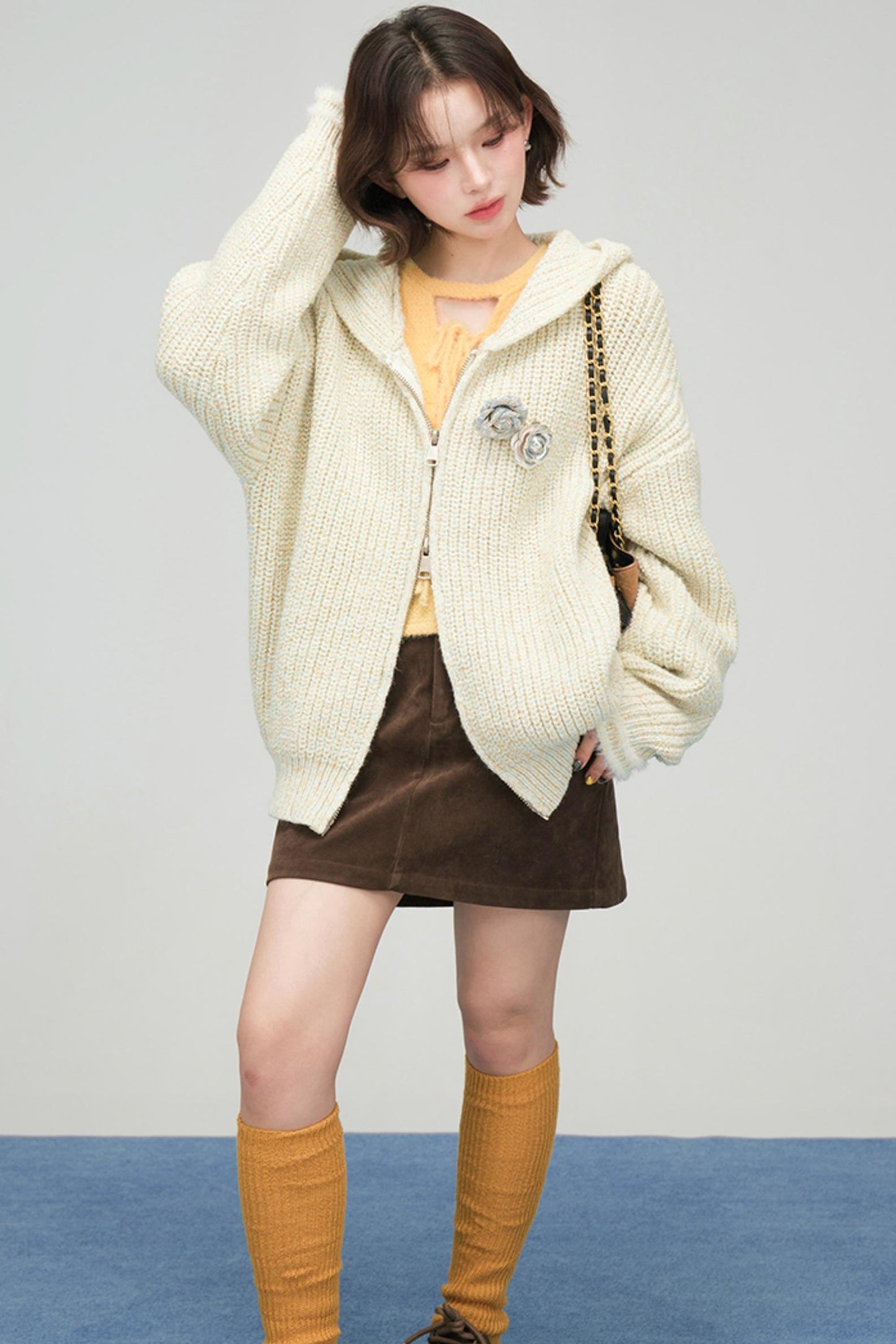 アプリコットニットジッパーカーディガン