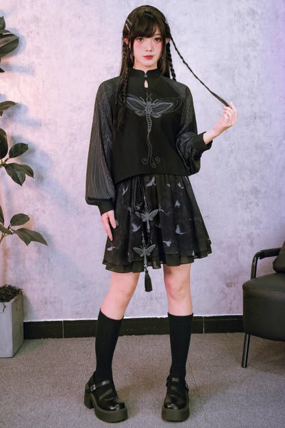 Embroidered Lantern Sleeve Top and Skirt + Top