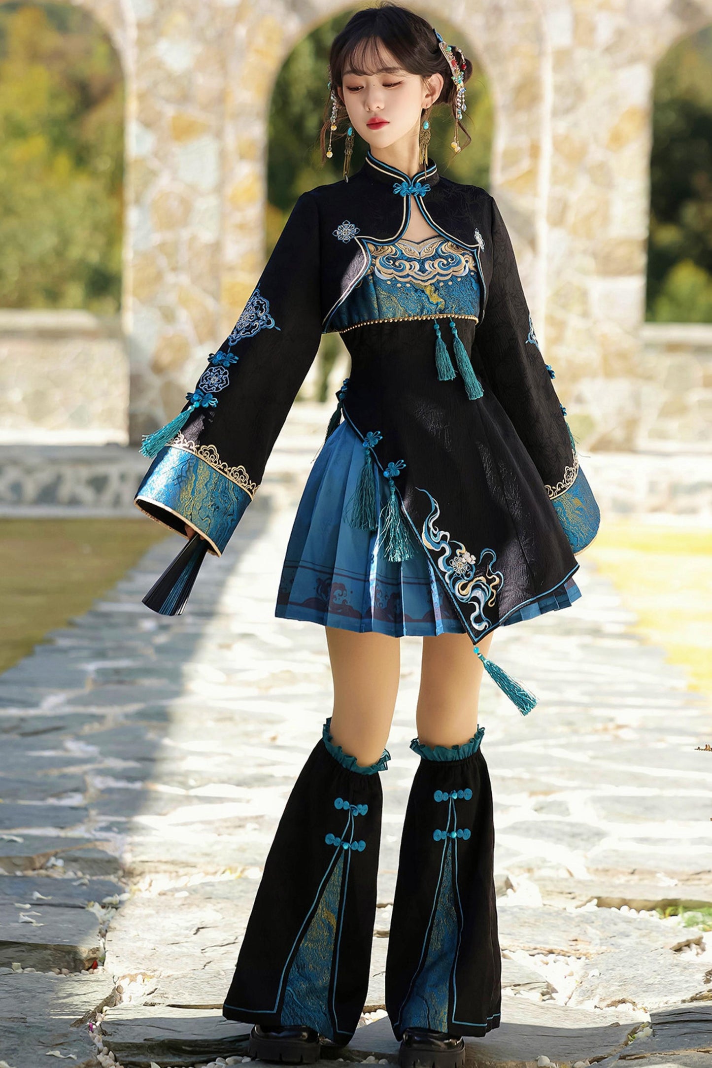 Cyberpunk Chinese-Style Lolita Top + Strapped Dress + Skirt + Leg Covers
