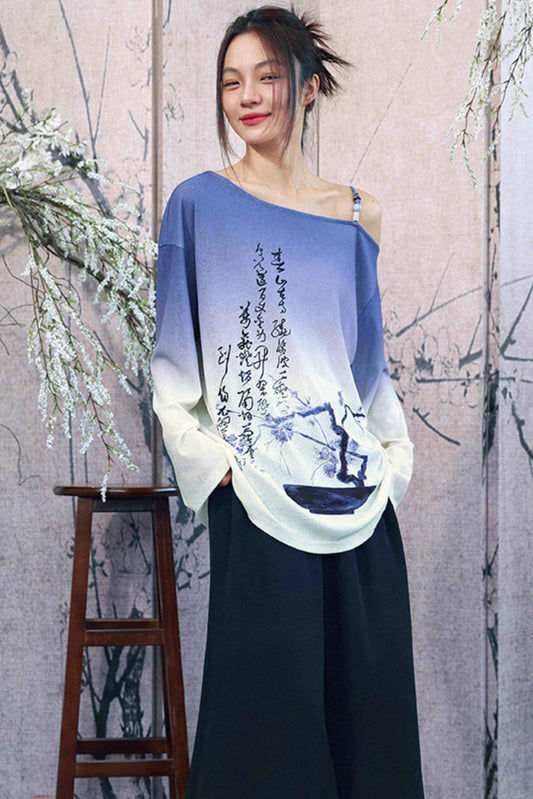 Misty Blue Verlauf One-Shoulder China-Druck Sommer-Strickoberteil