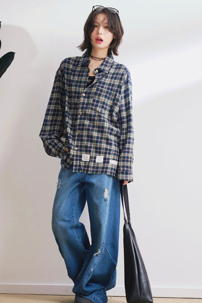 ルーズフィットチェックロングスリーブシャツ