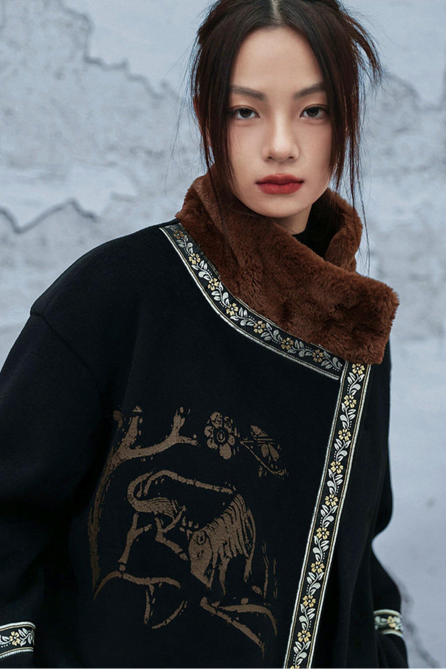 カラーブロックウールンフローラルコート