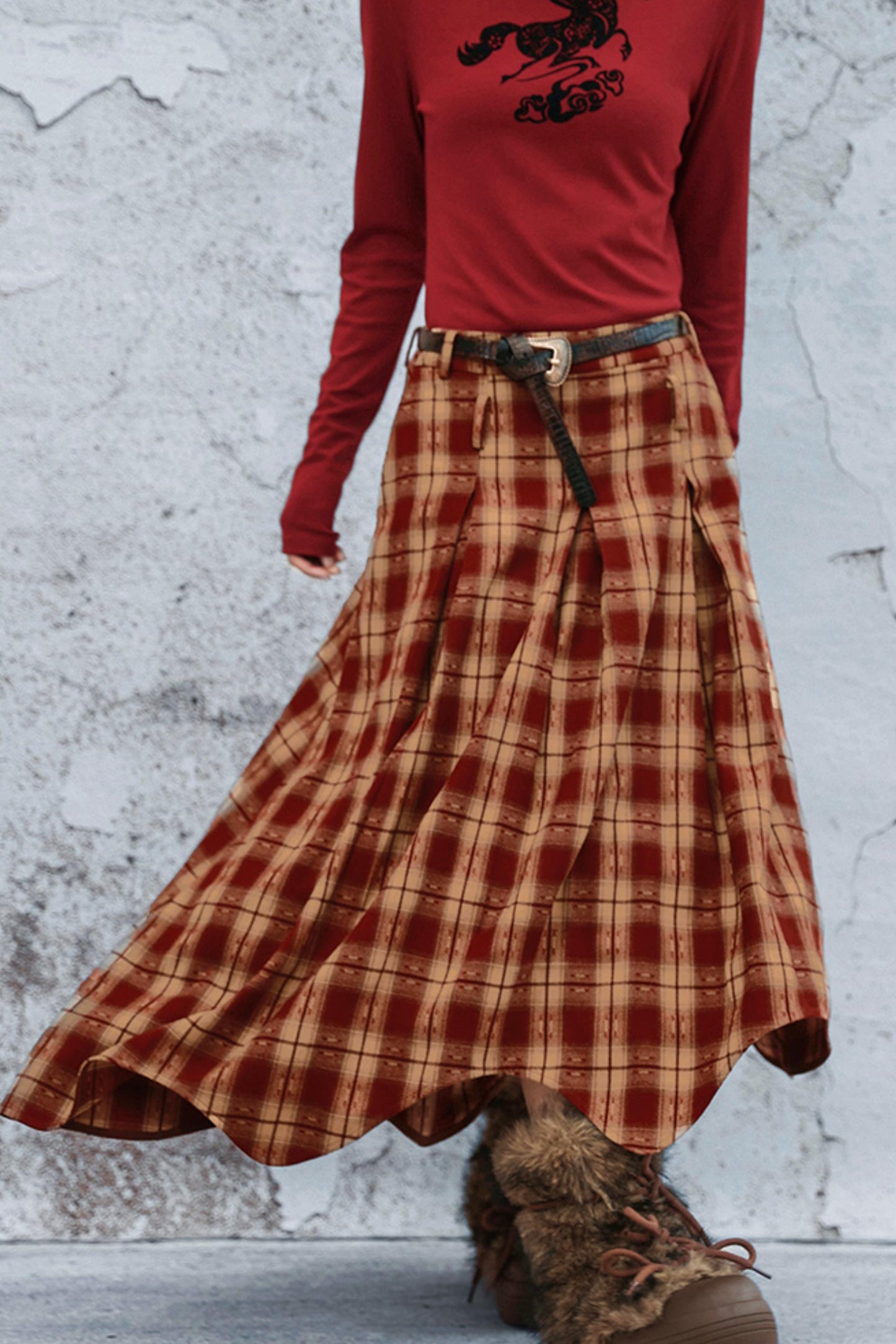 ダブルウエスティッドプラッドスカート