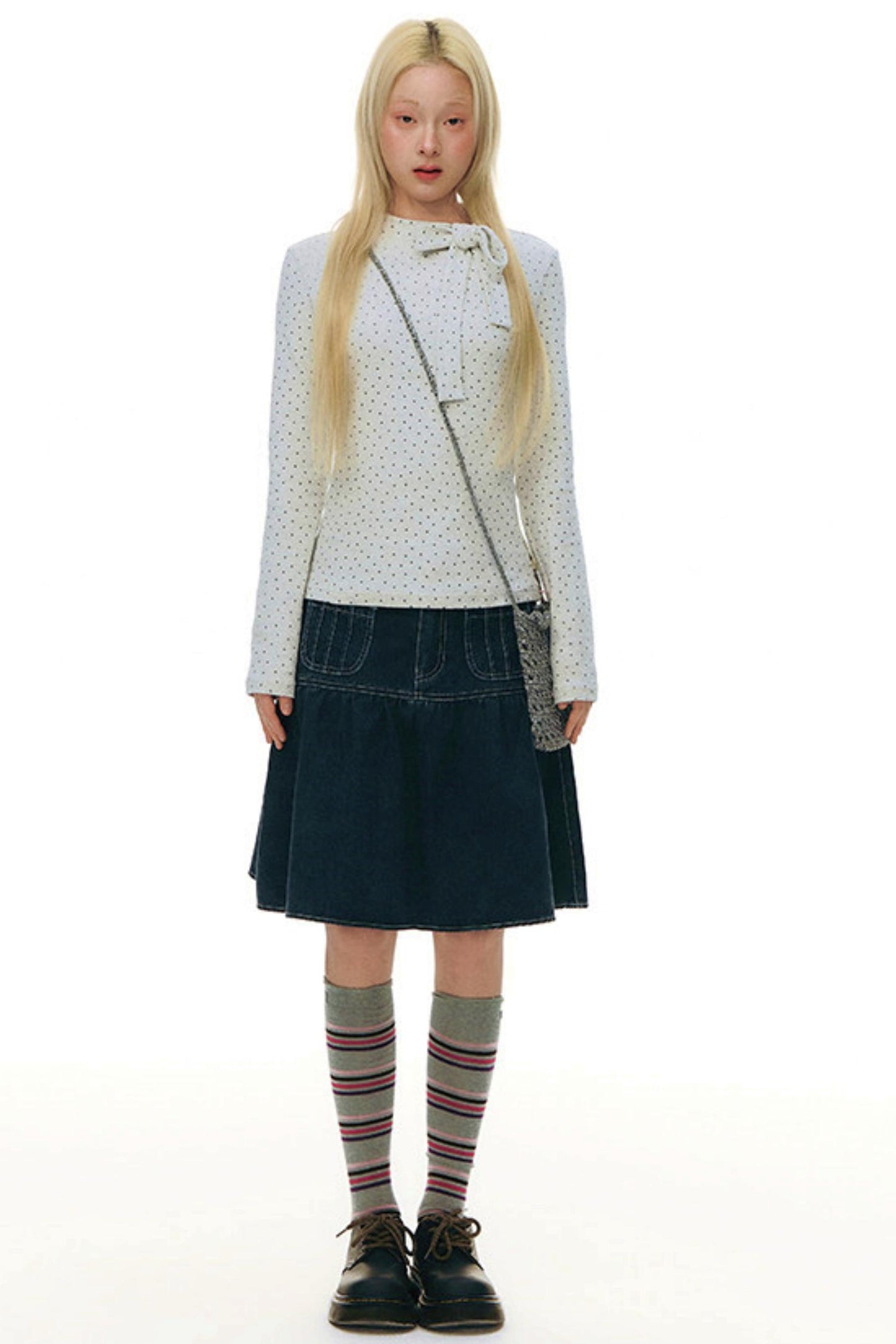 Pleated Denim A-Line Skirt