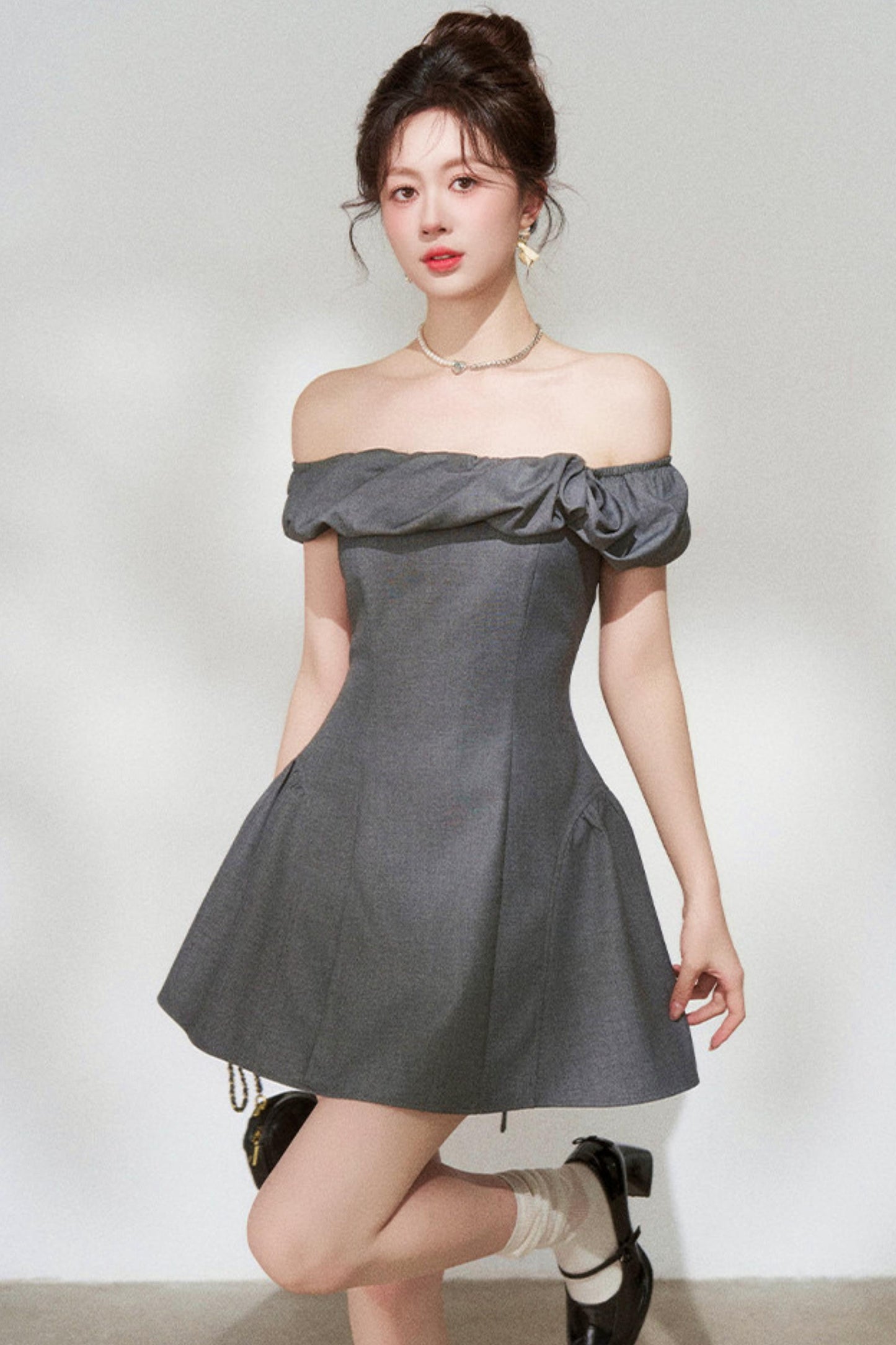 French Gray Off-Shoulder Dress