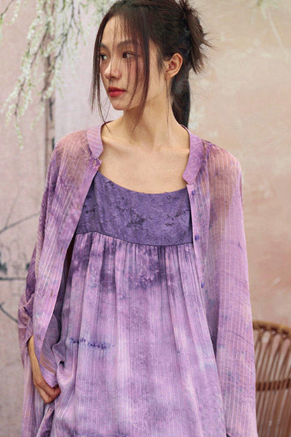 Lila Farbverlauf-Strickjacke mit transparentem Rücken und langem Chiffonhemd-Design