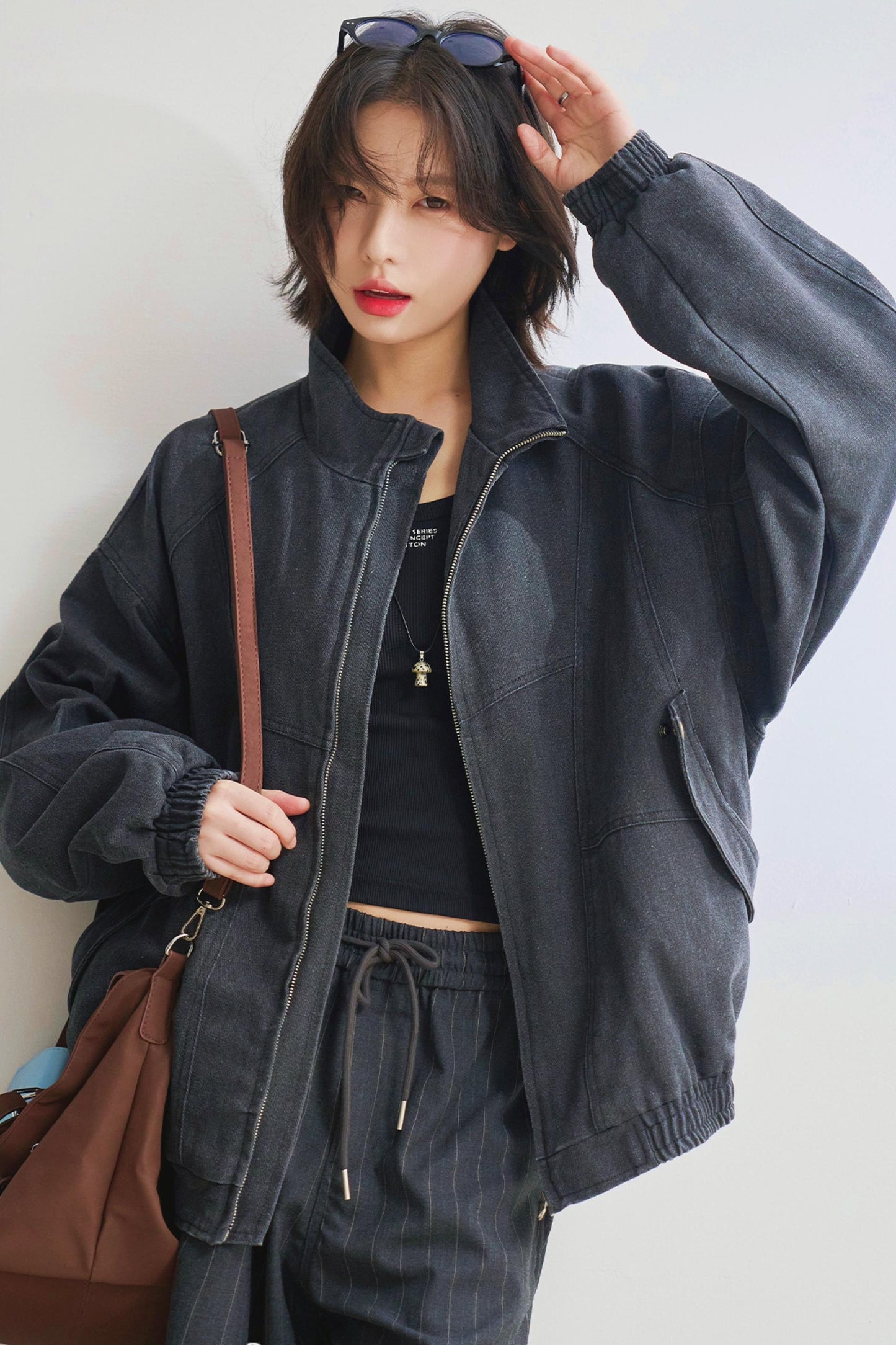 Relaxed fit denim stand up jacket