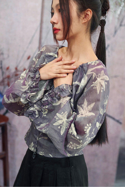 Top floral gris púrpura brumoso + falda