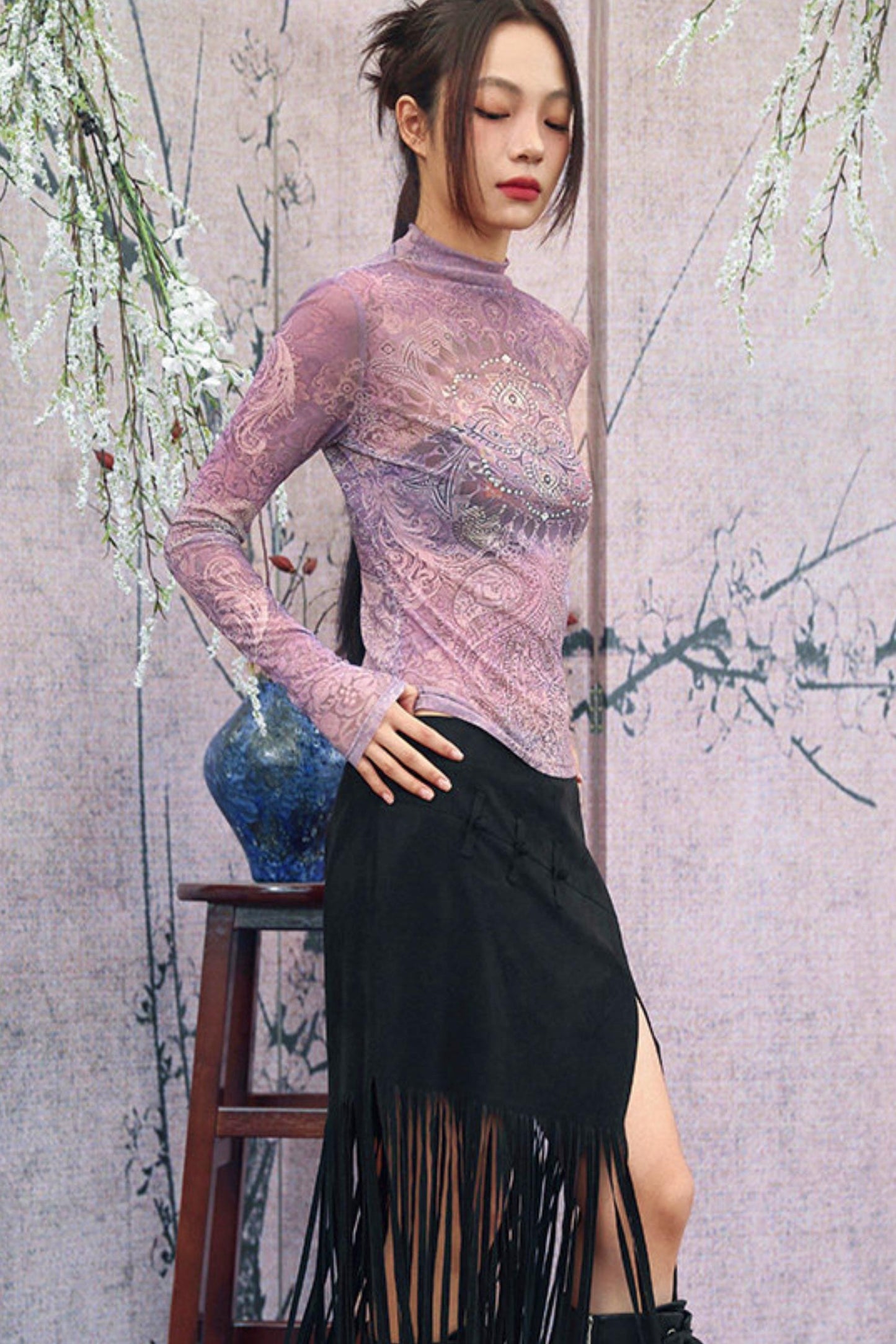 Elegant Purple Paisley Sheer Top