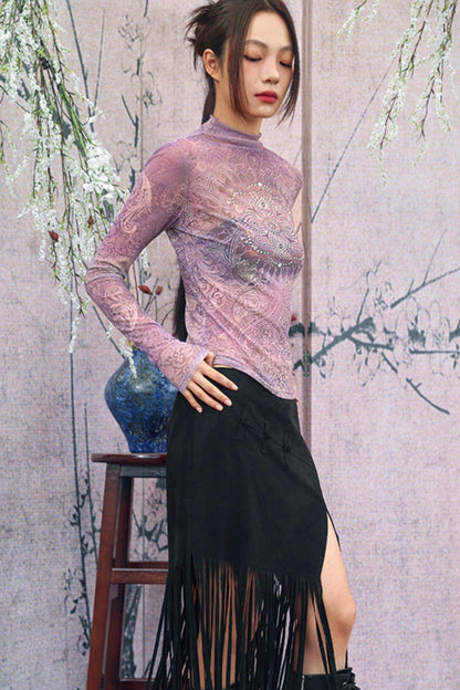 Elegant Purple Paisley Sheer Top