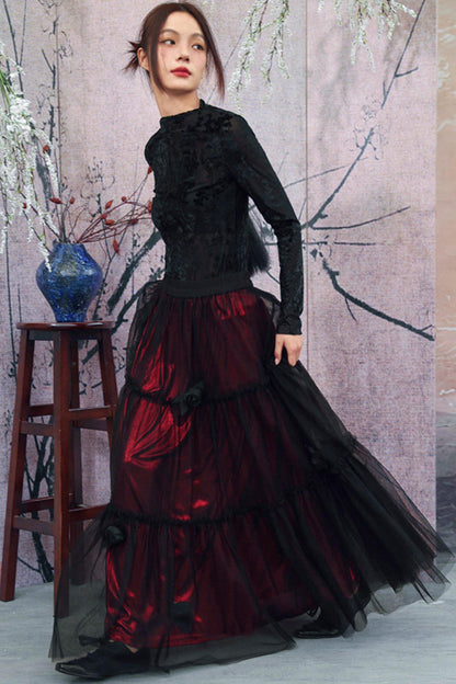Schwarzes florales transparentes Rüschen-Oberteil im dunklen Mode-Stil