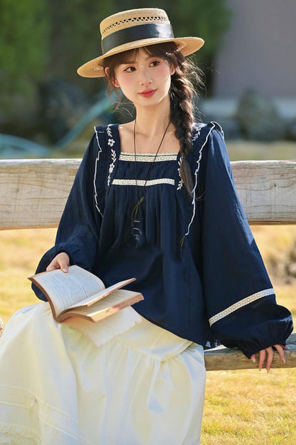 Lace Embroidered Square Collar Blouse