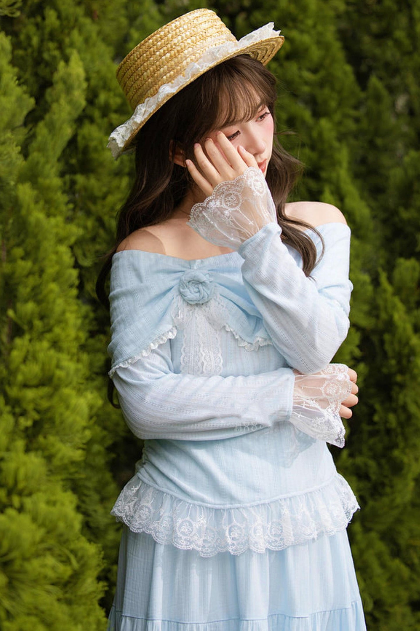 レースパッチワークオフショルダートップス+ロングスカート