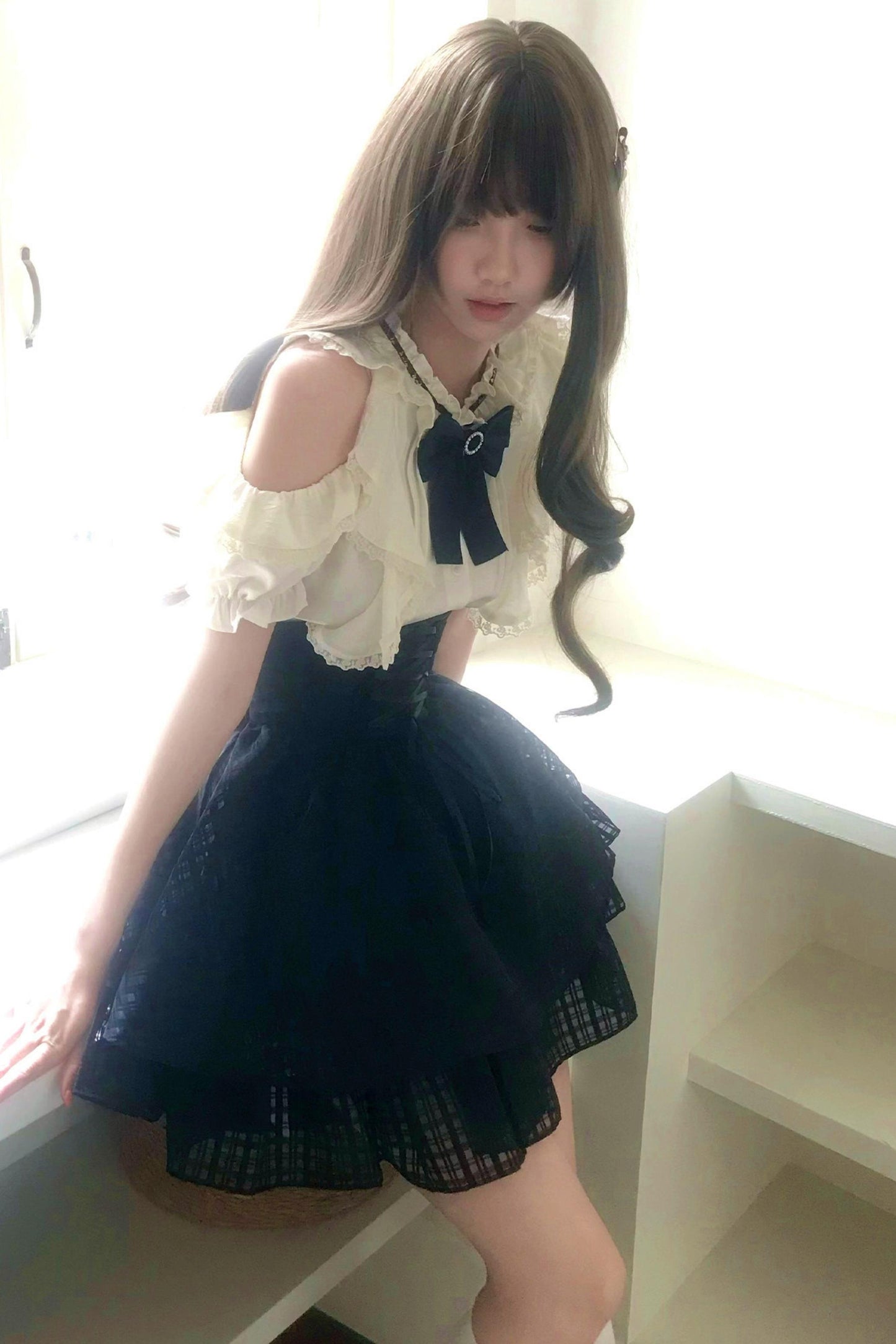 地雷リボンオフショルトップス＋スカート