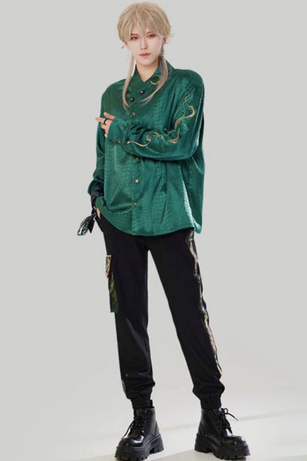 Jade Moon Dragon Embroidered Chinese Shirt + Moon Pocket Pants
