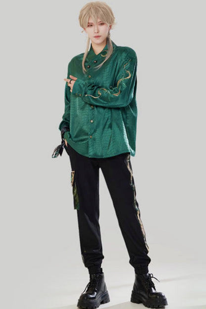 Jade Moon Dragon Embroidered Chinese Shirt + Moon Pocket Pants
