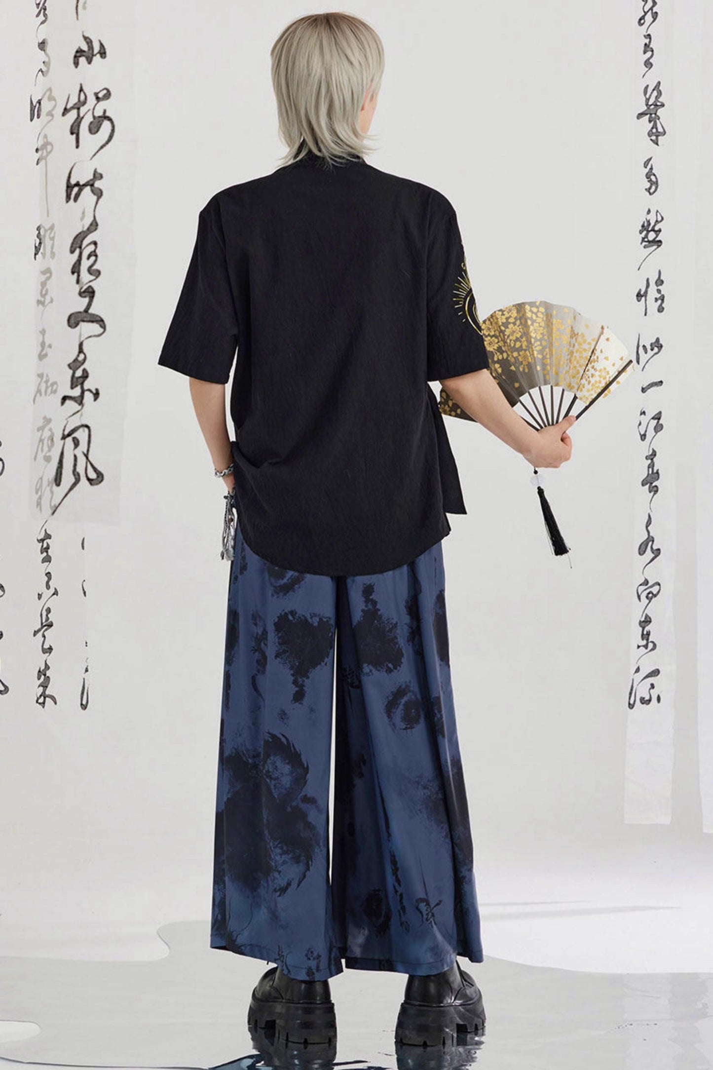 Black and Gold Oriental Ribbon Shirt + Chinese Wide-Leg Pants