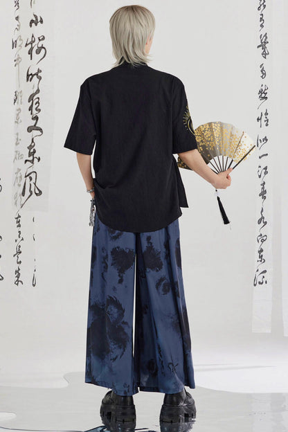 Black and Gold Oriental Ribbon Shirt + Chinese Wide-Leg Pants