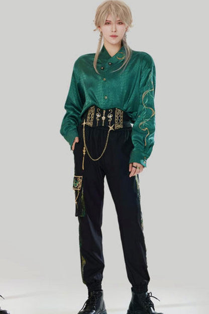 Jade Moon Dragon Embroidered Chinese Shirt + Moon Pocket Pants