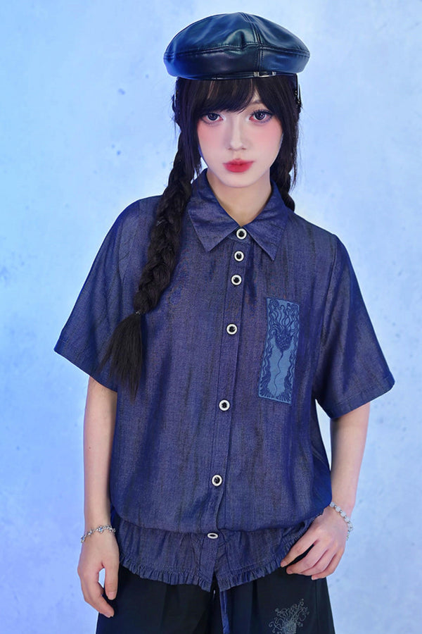 Night Blue Embroidered Subculture Shirt