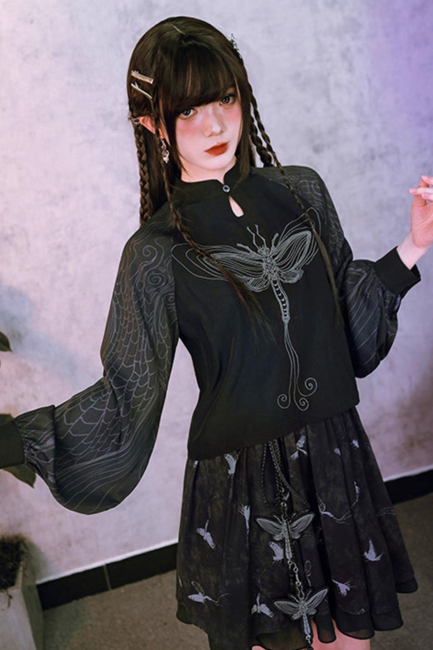 Embroidered Lantern Sleeve Top and Skirt + Top