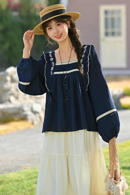 Lace Embroidered Square Collar Blouse