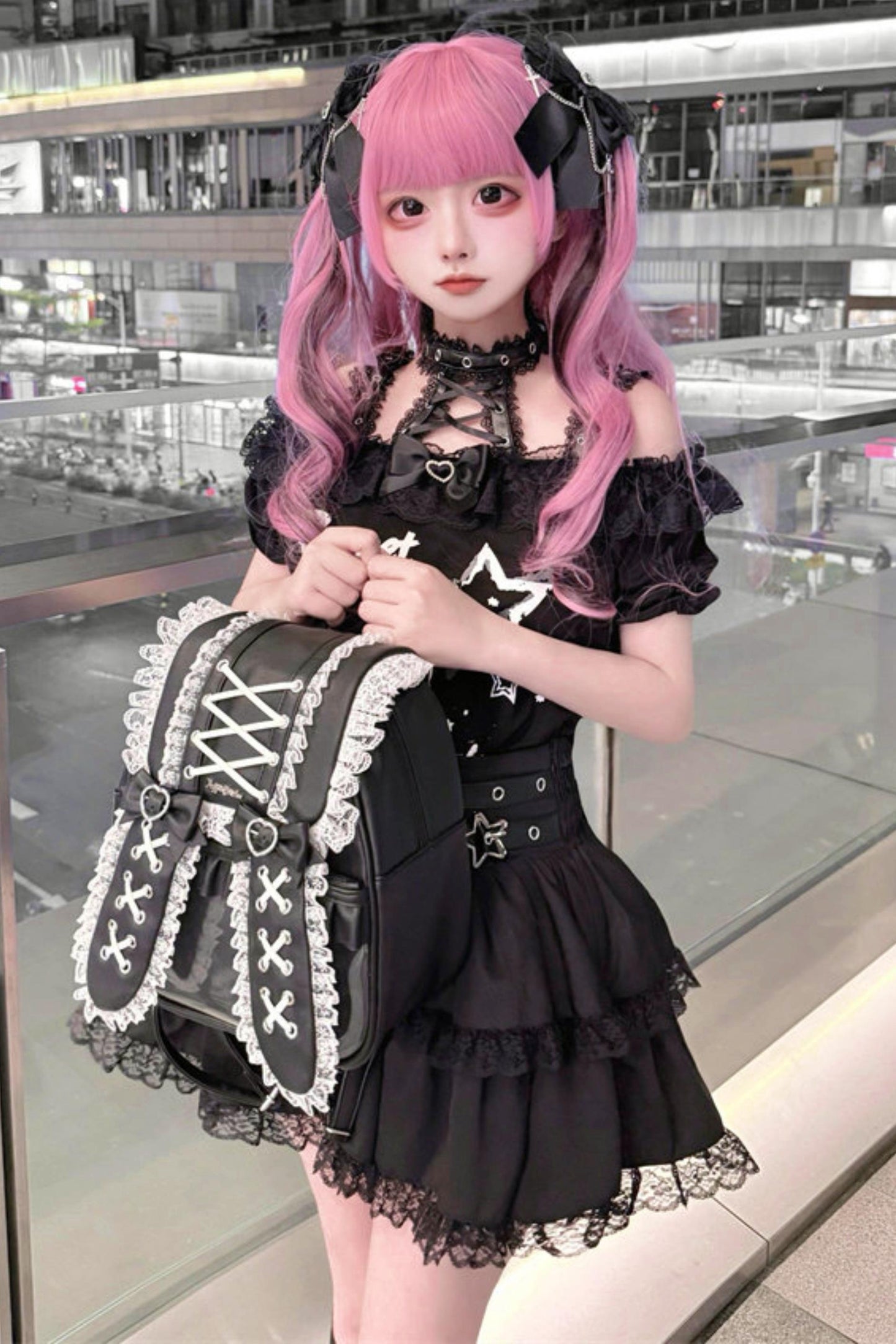 Lace-Up Dark Kawaii T-Shirt + Skirt + Bag + Hair Accessories