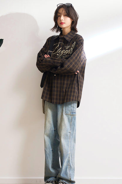 Oversized letter-print check shirt