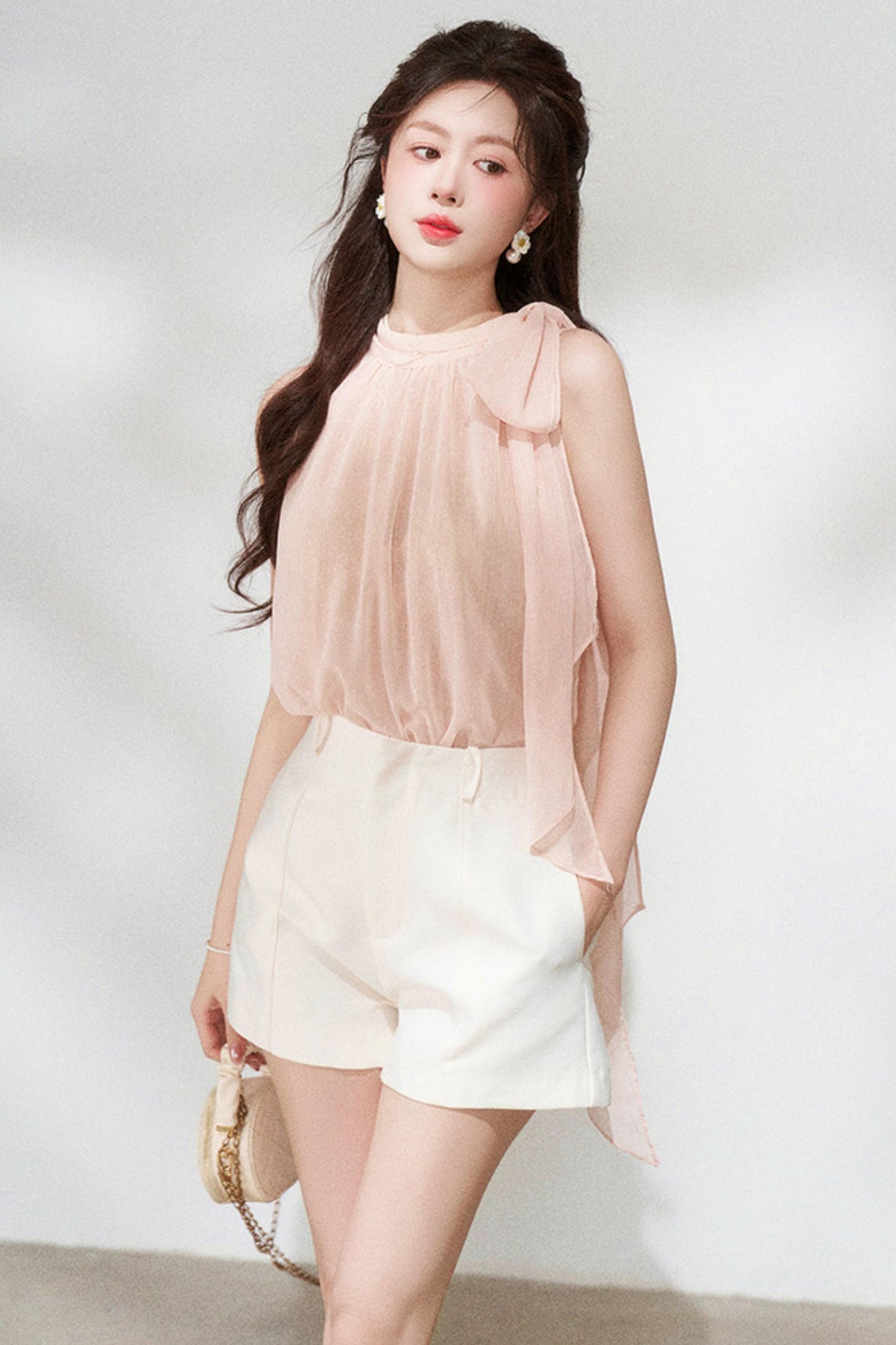 Pink Chiffon Halter Sleeveless Shirt