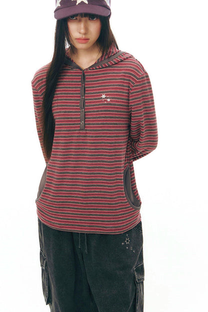 ストライプドフーデッドニットトップス