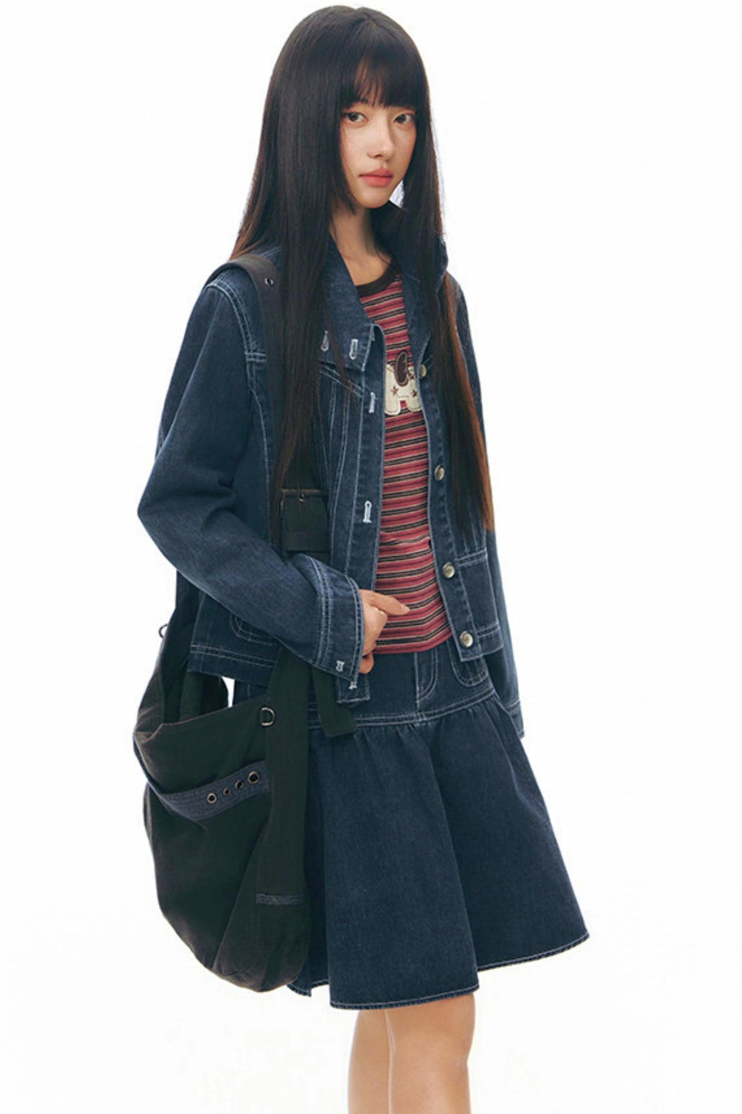 Pleated Denim A-Line Skirt