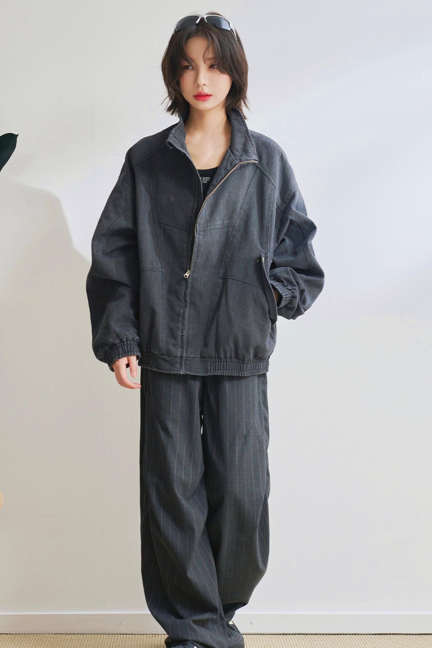 Relaxed fit denim stand up jacket