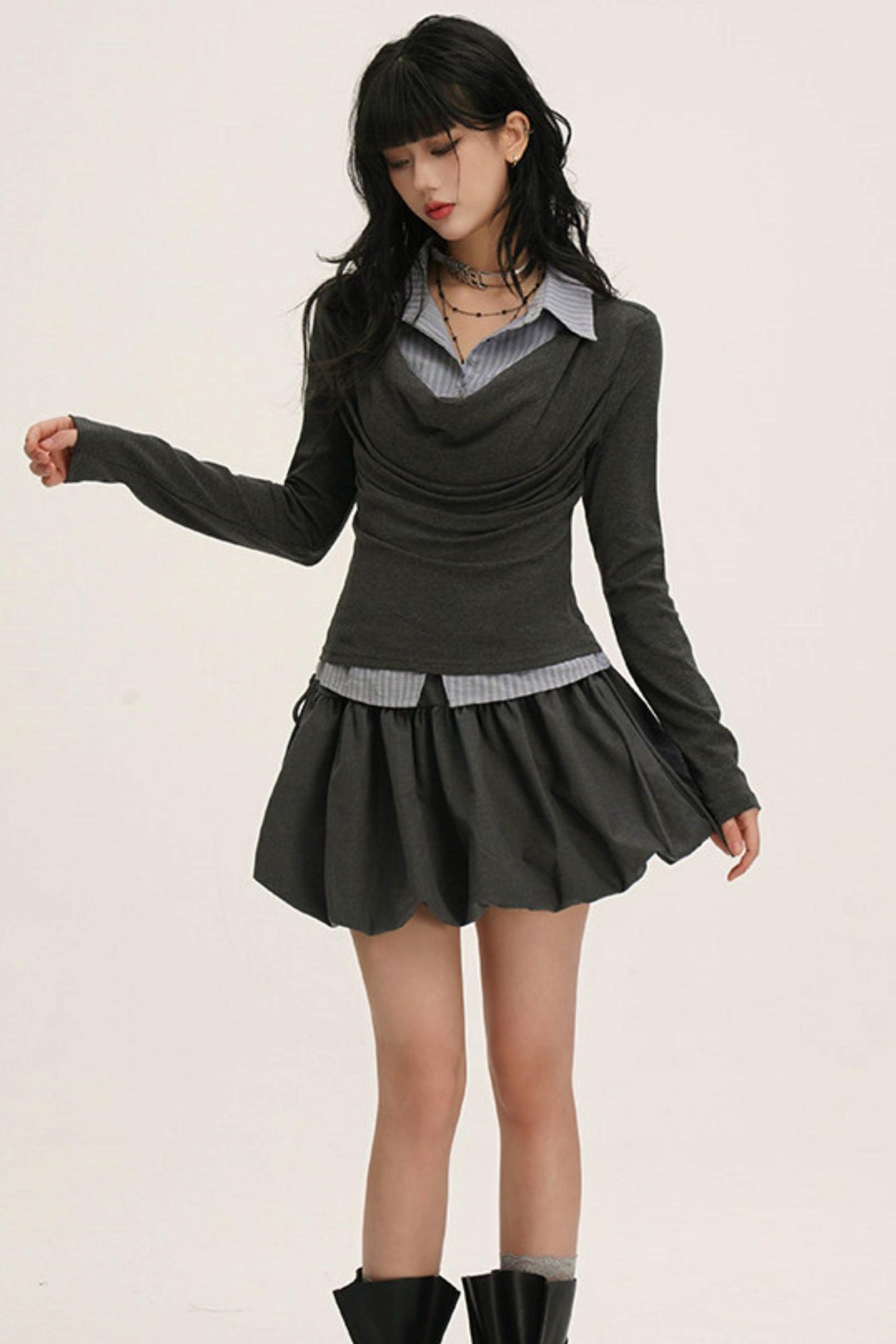 ドレープカウルネックレイヤードシャツ