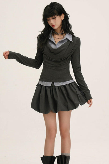 ドレープカウルネックレイヤードシャツ