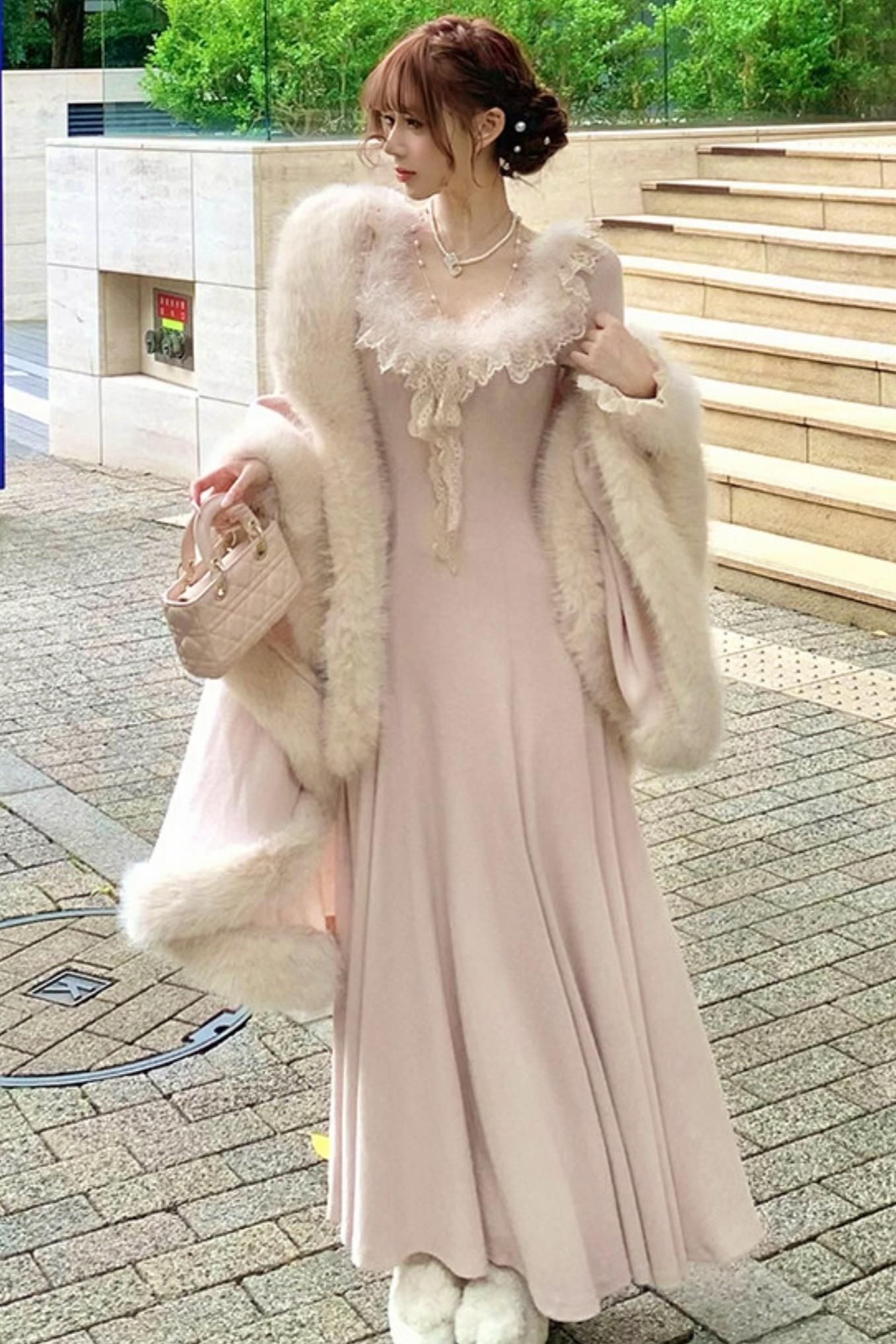 Lace Trimmed Feather Knit Dress