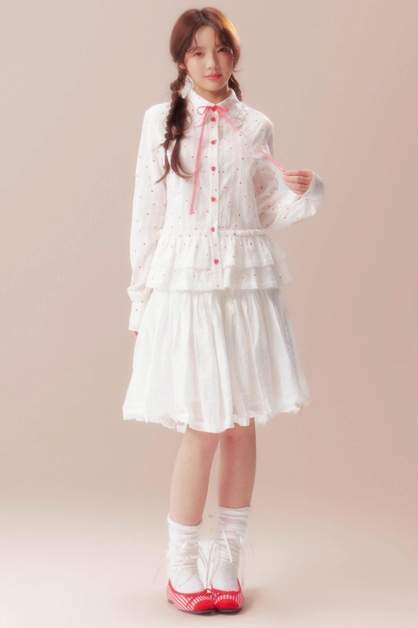 ガーデニアウィスパリングレースブラウス+ポルカドットスカート