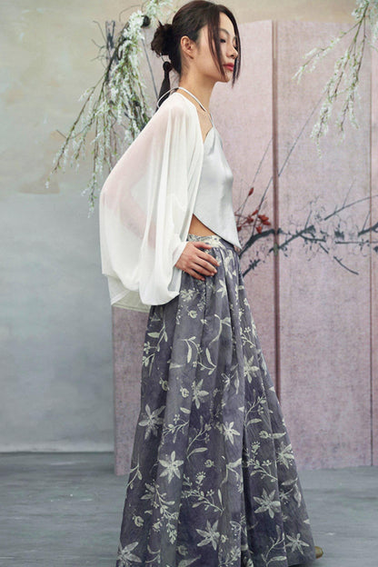 Top floral gris púrpura brumoso + falda
