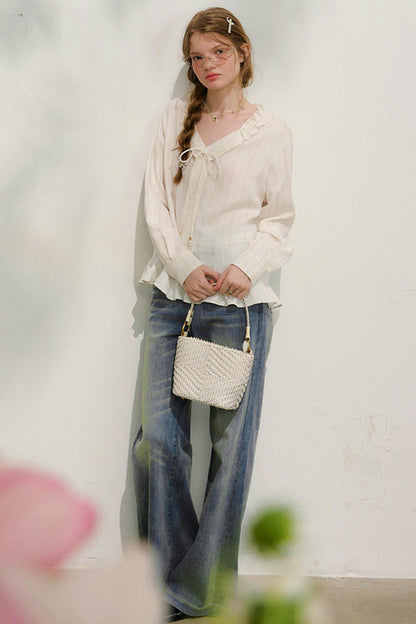 ストライプドレーススリーブブラウス