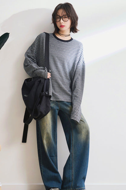 リラックスストライプクルーネックTシャツ