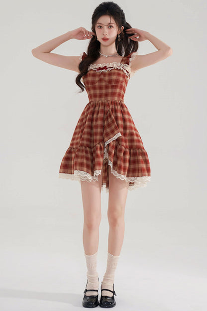 Sweet Red Plaid Lace Dress