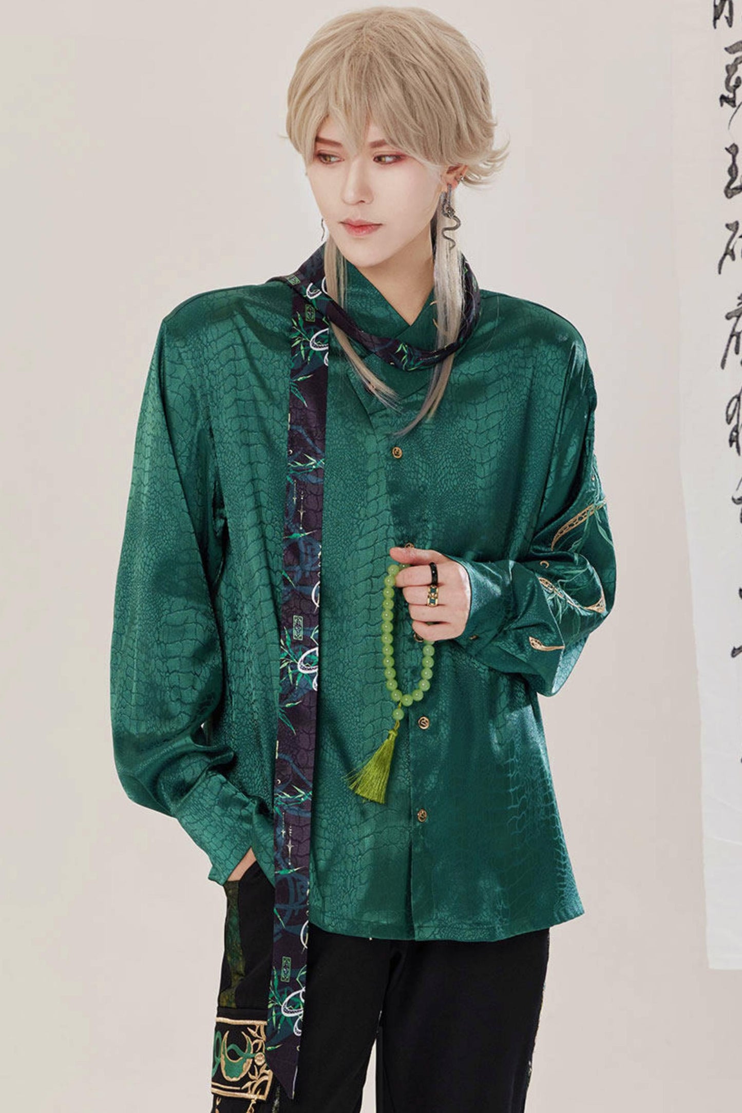 Jade Moon Dragon Embroidered Chinese Shirt + Moon Pocket Pants