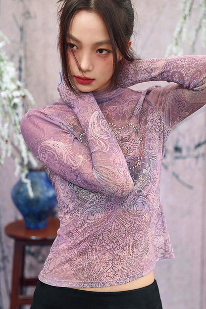 Elegant Purple Paisley Sheer Top